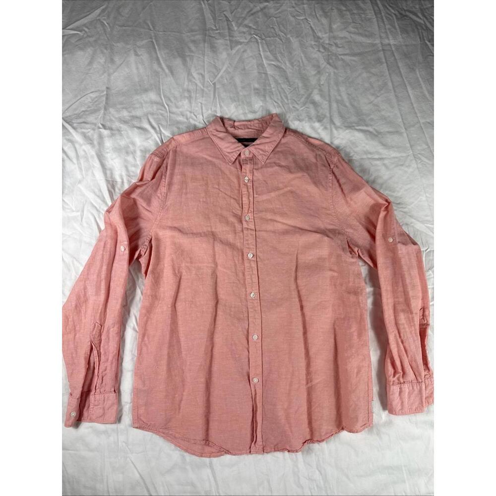 Perry Ellis Men's Linen Blend Shirt XL Coral Long Sleeve Button Up Red Orange
